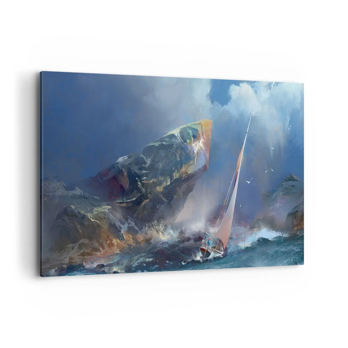 Cuadro sobre lienzo - Impresión de Imagen - Un velero en medio de una tormenta al pie de una enorme roca. - 120x80cm - La gloria es para los valientes - Decoración de pared moderna para salón y dormitorio ARTTOR