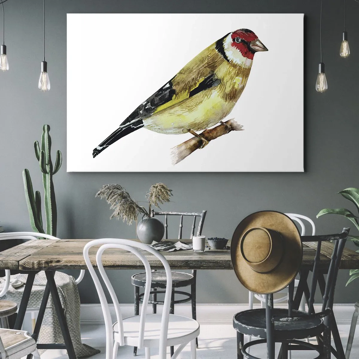 Cuadro sobre lienzo - Impresión de Imagen - Un pájaro con la cabeza roja en una rama. - 70x50cm - Retrato de pájaro - Decoración de pared moderna para salón y dormitorio ARTTOR