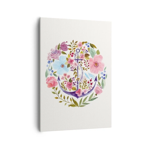 Cuadro sobre lienzo - Impresión de Imagen - Un ancla rodeada de flores de acuarela sobre un fondo claro. - 50x70cm - El sueño reparador de un marinero - Decoración de pared moderna para salón y dormitorio ARTTOR