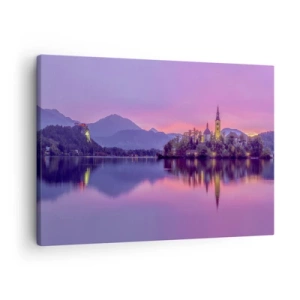 Cuadro sobre lienzo - Impresión de Imagen - Lago con una isla y una iglesia al atardecer - 70x50cm - Isla de cuento de hadas al atardecer  - Decoración de pared moderna para salón y dormitorio ARTTOR