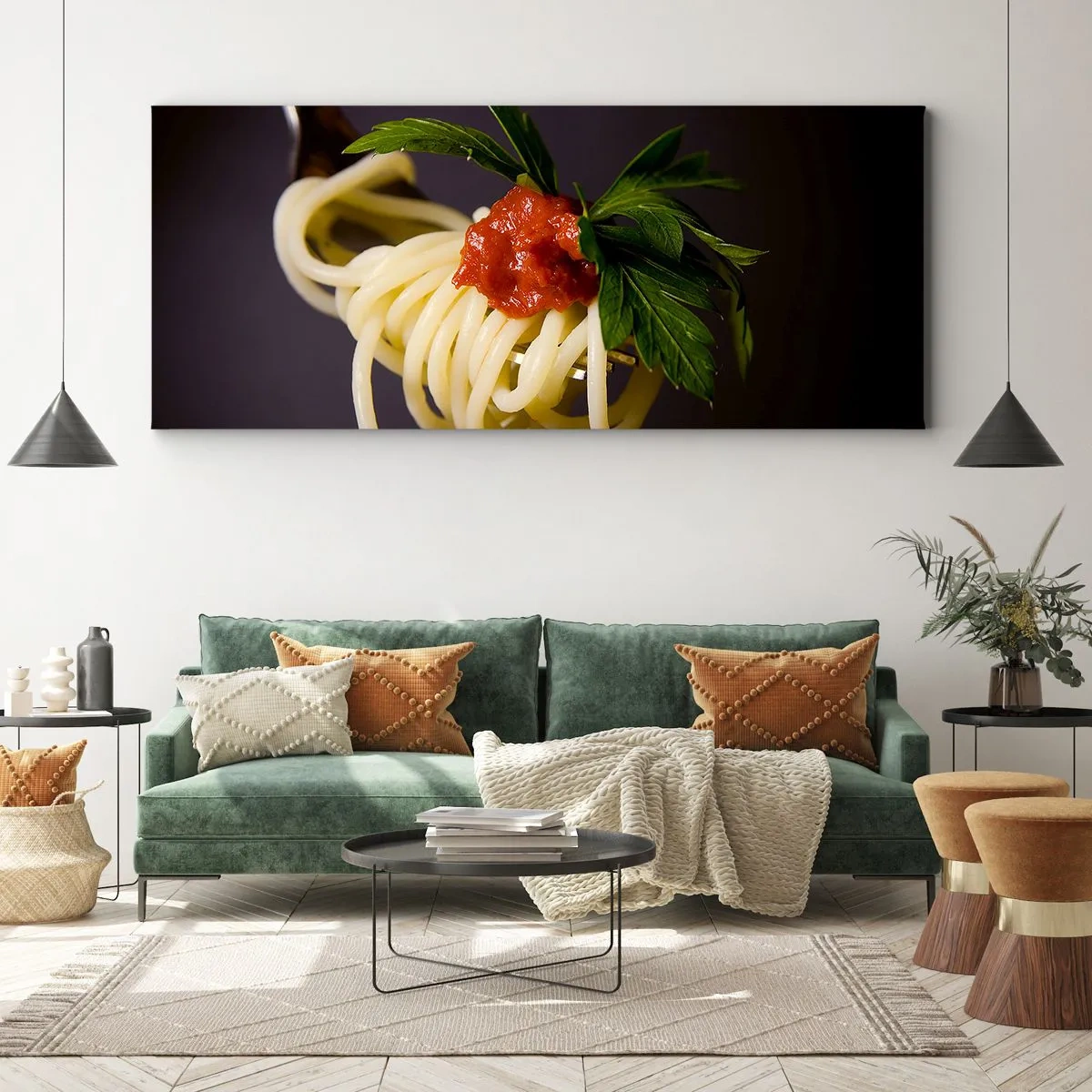 Cuadro sobre lienzo - Impresión de Imagen - Pasta espaguetis al tenedor con salsa de tomate y perejil - 120x50cm - Un sabroso bocado - Decoración de pared moderna para salón y dormitorio ARTTOR