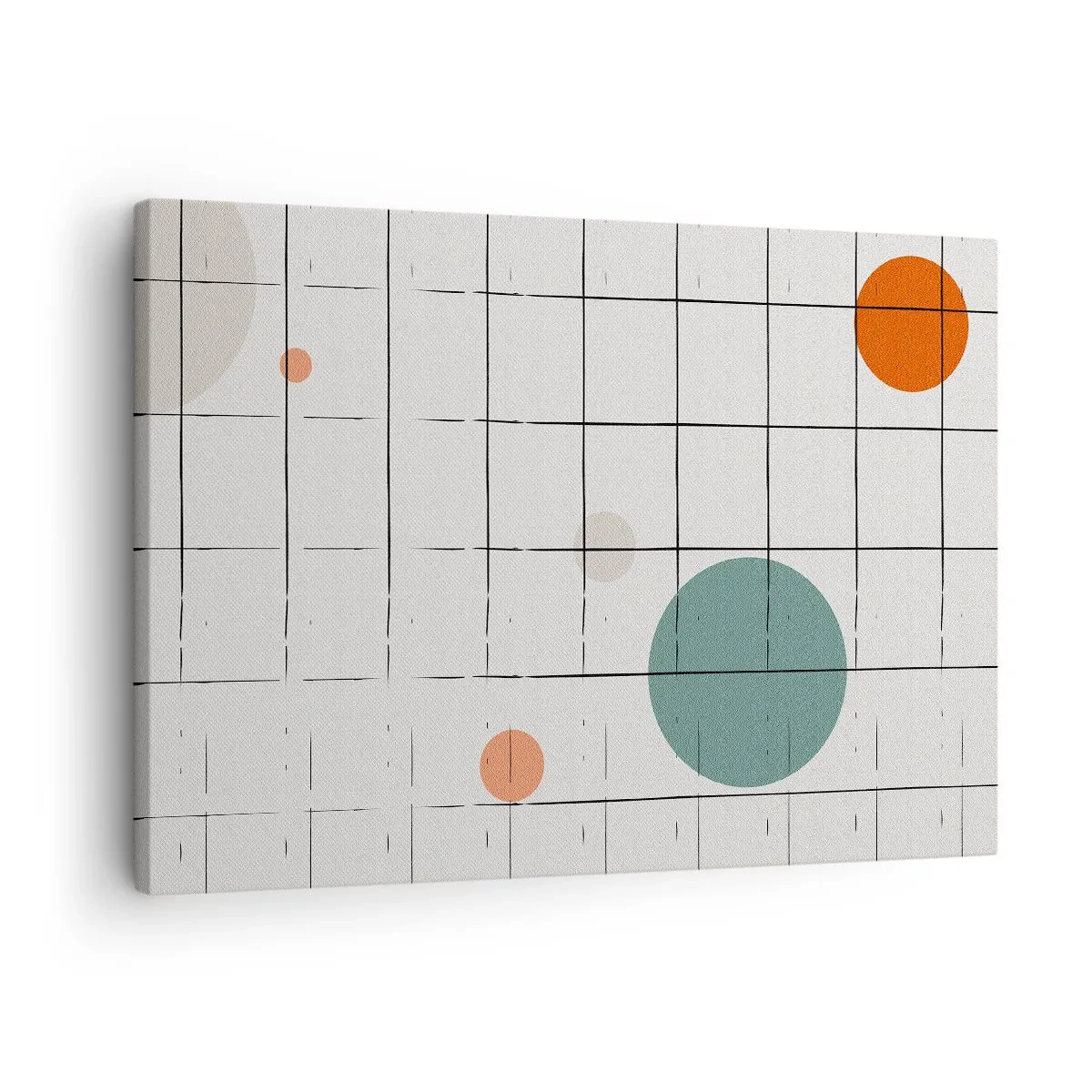 Cuadro sobre lienzo - Impresión de Imagen - Círculos de colores abstractos sobre un fondo de cuadrícula geométrica - 70x50cm - Atrapados. ¿Nosotros o ellos? - Decoración de pared moderna para salón y dormitorio ARTTOR