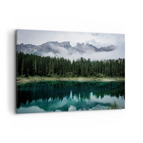 Cuadro sobre lienzo - Impresión de Imagen - Un paisaje de montaña con un bosque y un lago que refleja el cielo. - 100x70cm - Calla, calla, no despertemos al agua dormida.... - Decoración de pared moderna para salón y dormitorio ARTTOR