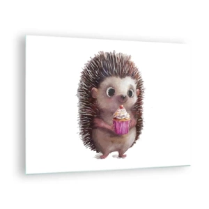 Cuadro sobre vidrio - Impresiones sobre Vidrio - Un lindo erizo con una magdalena sobre un fondo blanco. - 70x50cm - La celebración es diaria - Decoración de pared moderna para salón y dormitorio ARTTOR