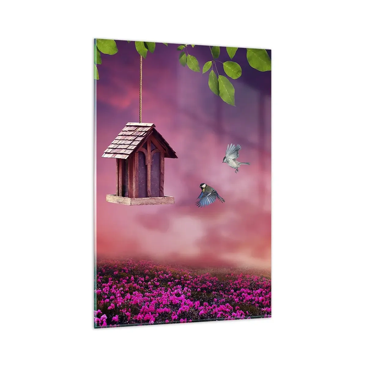 Cuadro sobre vidrio - Impresiones sobre Vidrio - Un paisaje pintoresco con una casa para pájaros y una puesta de sol. - 80x120cm - Invitación a una cena - Decoración de pared moderna para salón y dormitorio ARTTOR