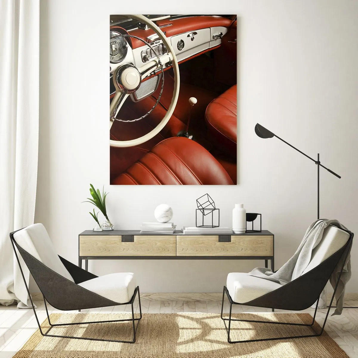 Cuadro sobre vidrio - Impresiones sobre Vidrio - Interior de coche clásico con asientos rojos. - 50x70cm - Lujo vintage - Decoración de pared moderna para salón y dormitorio ARTTOR