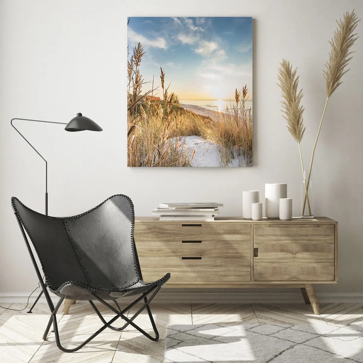 Cuadro sobre vidrio - Impresiones sobre Vidrio - Una playa pintoresca con césped y la puesta de sol. - 80x120cm - Playa del norte - Decoración de pared moderna para salón y dormitorio ARTTOR
