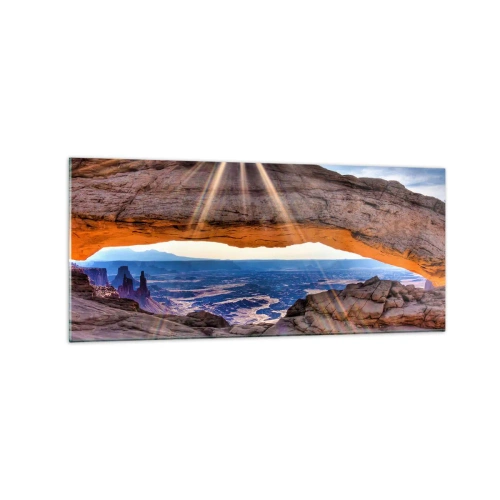 Cuadro sobre vidrio - Impresiones sobre Vidrio - Arco de roca con vistas al cañón al amanecer. - 120x50cm - A través de la puerta de la roca - Decoración de pared moderna para salón y dormitorio ARTTOR