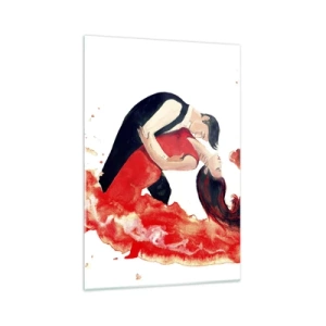 Cuadro sobre vidrio - Impresiones sobre Vidrio - Una pintura de acuarela dinámica de una pareja bailando en colores rojos. - 70x100cm - El tango: una ola sensual - Decoración de pared moderna para salón y dormitorio ARTTOR