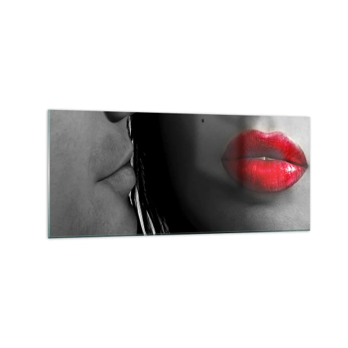 Cuadro sobre vidrio - Impresiones sobre Vidrio - Primer plano de los rostros de una mujer y un hombre con labios rojos. - 120x50cm - Cara a cara - Decoración de pared moderna para salón y dormitorio ARTTOR