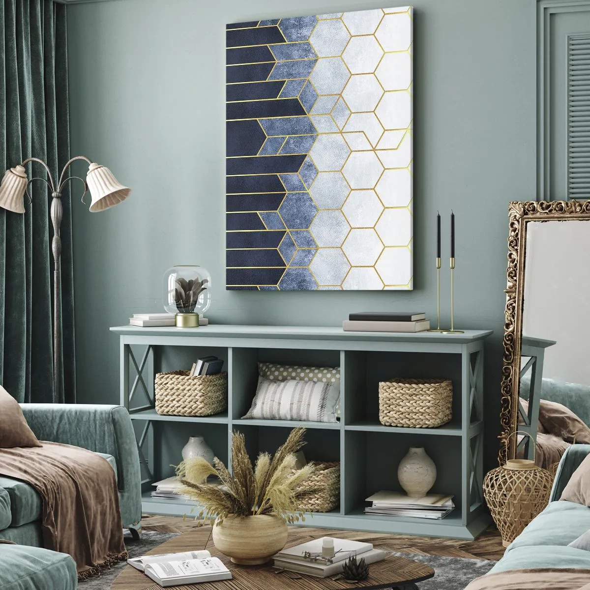Cuadro sobre lienzo - Impresión de Imagen - Patrón geométrico en tonos dorados y azul marino. - 50x70cm - Composición rítmica visual - Decoración de pared moderna para salón y dormitorio ARTTOR