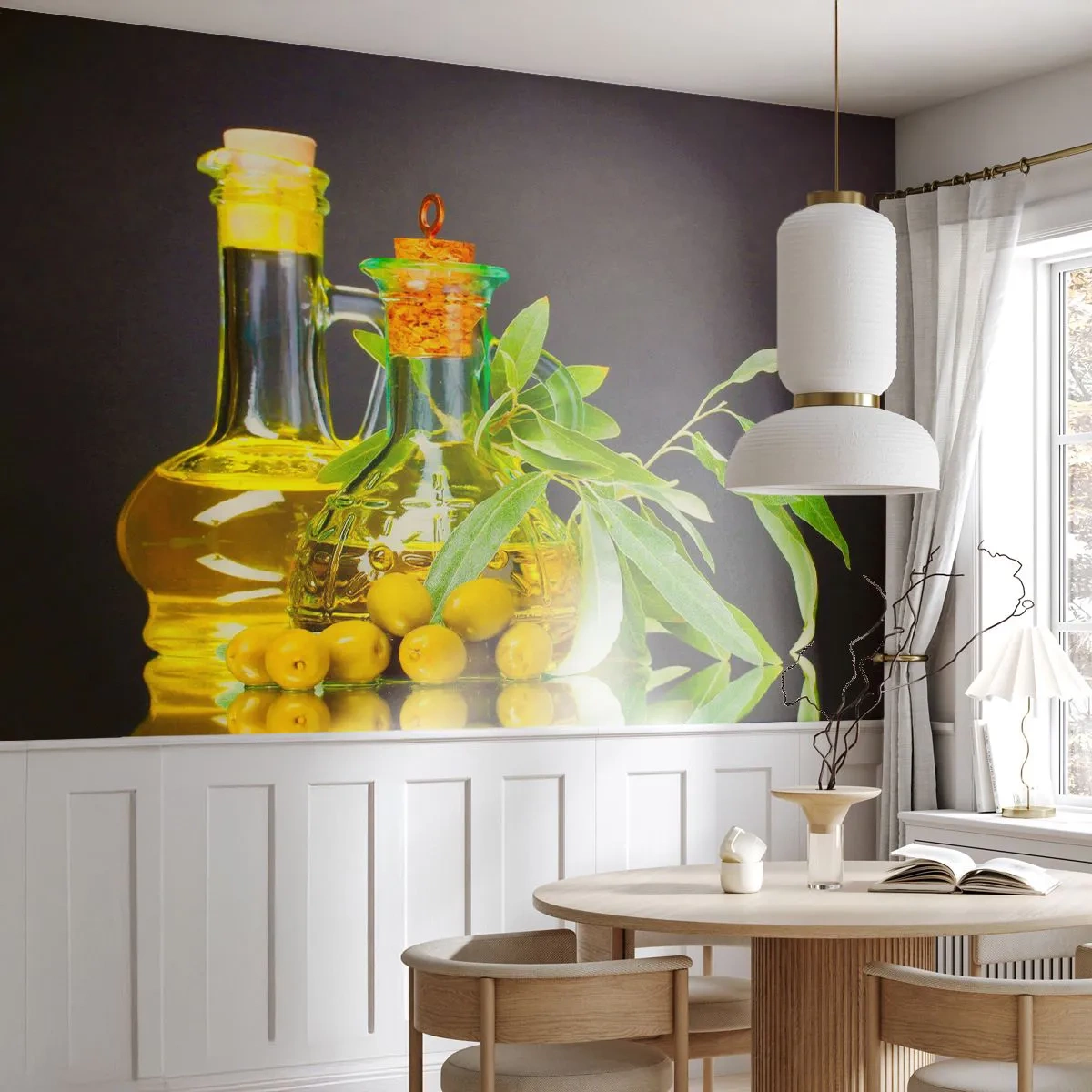 Fotomural Premium Canvas - Botellas de aceite de oliva y ramas de olivo - 100x70cm - Bodegón con aceitunas y aceite - Decoración de pared moderna para salón y dormitorio ARTTOR