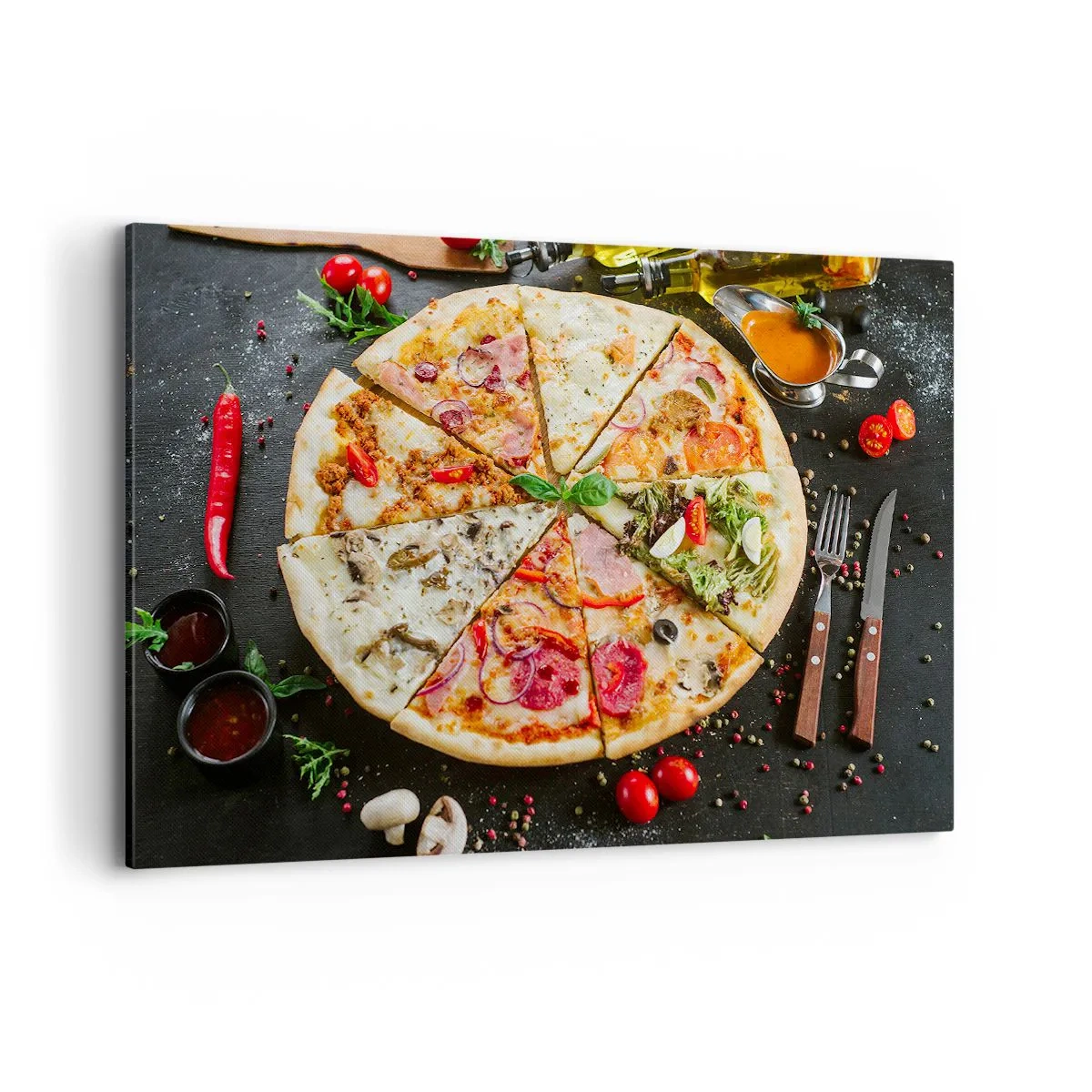 Cuadro sobre lienzo - Impresión de Imagen - Pizza en varios sabores con fondo de ingredientes. - 120x80cm - Una gama de gustos - Decoración de pared moderna para salón y dormitorio ARTTOR