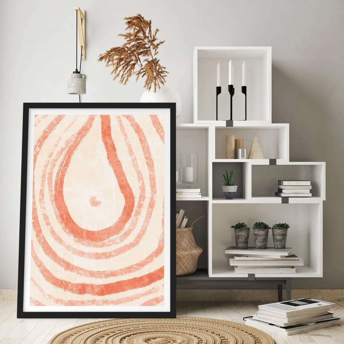 Póster en marco negro - Un patrón abstracto en colores cálidos y terrosos. - 50x70cm - Círculos de coral - composición - Decoración de pared moderna para salón y dormitorio ARTTOR