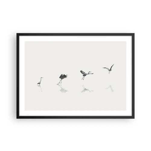 Póster en marco negro - Cuatro siluetas de aves reflejadas en el agua tranquila. - 70x50cm - Cuatro sencillos pasos para despegar - Decoración de pared moderna para salón y dormitorio ARTTOR
