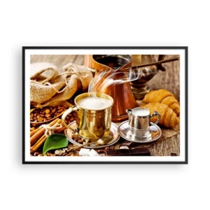 Póster en marco negro - Una taza de café dorada rodeada de granos, jarras y croissants. - 100x70cm - Que tengas un buen día - Decoración de pared moderna para salón y dormitorio ARTTOR