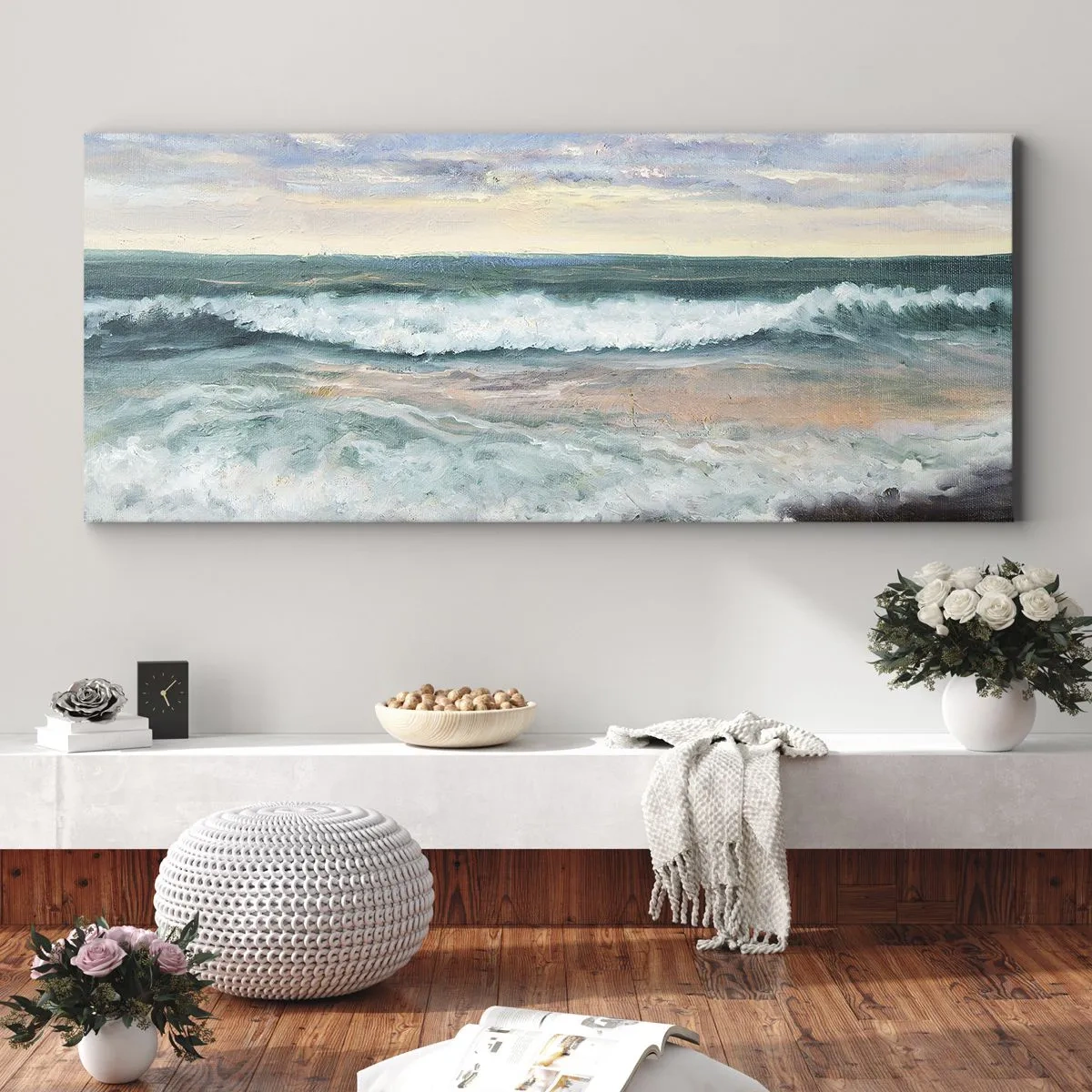 Cuadro sobre lienzo - Impresión de Imagen - Olas del mar contra un cielo nublado al atardecer - 140x50cm - Aquí suavizarás tu alma - Decoración de pared moderna para salón y dormitorio ARTTOR