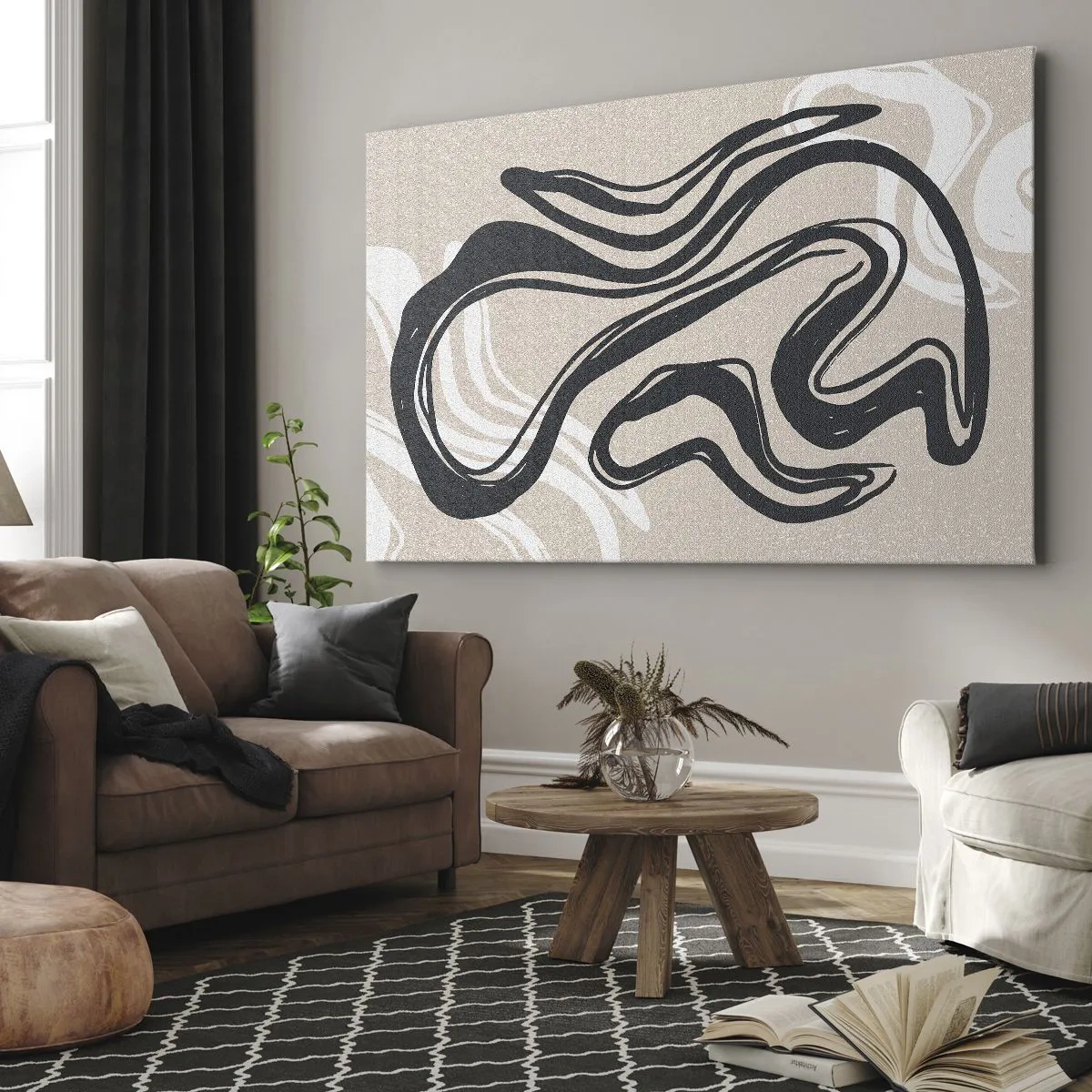 Cuadro sobre lienzo - Impresión de Imagen - Líneas abstractas en tonos oscuros sobre un fondo beige. - 70x50cm - Expresión multiplicada - Decoración de pared moderna para salón y dormitorio ARTTOR