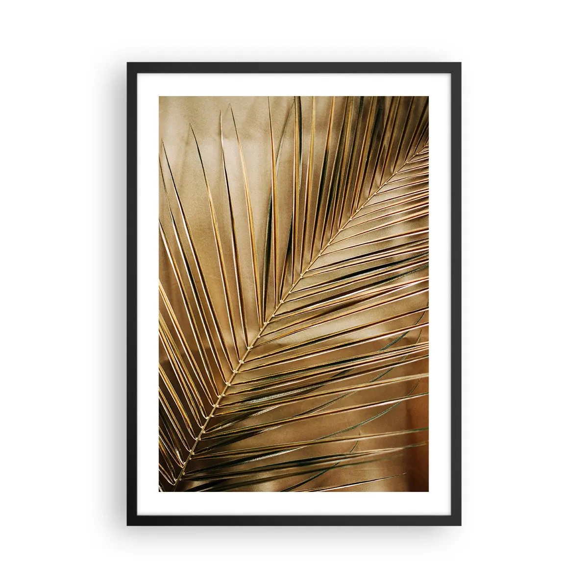 Póster en marco negro - Hoja de palma dorada sobre un fondo elegante. - 50x70cm - Una columnata natural - Decoración de pared moderna para salón y dormitorio ARTTOR
