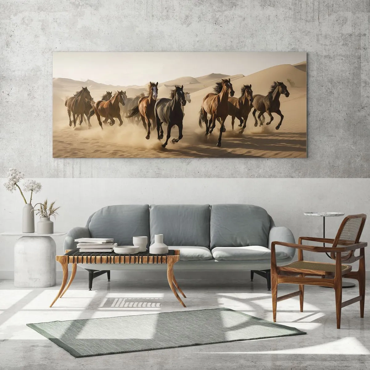 Cuadro sobre vidrio - Impresiones sobre Vidrio - Caballos al galope contra un fondo desértico - 120x50cm - Libre como el viento - Decoración de pared moderna para salón y dormitorio ARTTOR