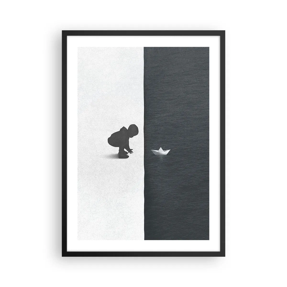 Póster en marco negro - Un niño inclinado sobre el agua con un barquito de papel. - 50x70cm - Una gran expedición náutica - Decoración de pared moderna para salón y dormitorio ARTTOR