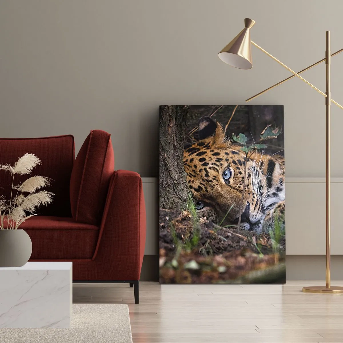 Cuadro sobre lienzo - Impresión de Imagen - Un leopardo tumbado a la sombra de los árboles. - 50x70cm - Confía en mí - Decoración de pared moderna para salón y dormitorio ARTTOR