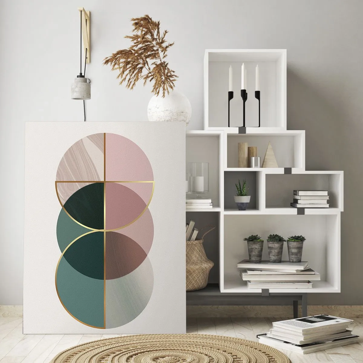 Cuadro sobre vidrio - Impresiones sobre Vidrio - Formas geométricas con tonos verdes y rosas sobre un fondo claro. - 50x70cm - Círculo tras círculo... - Decoración de pared moderna para salón y dormitorio ARTTOR