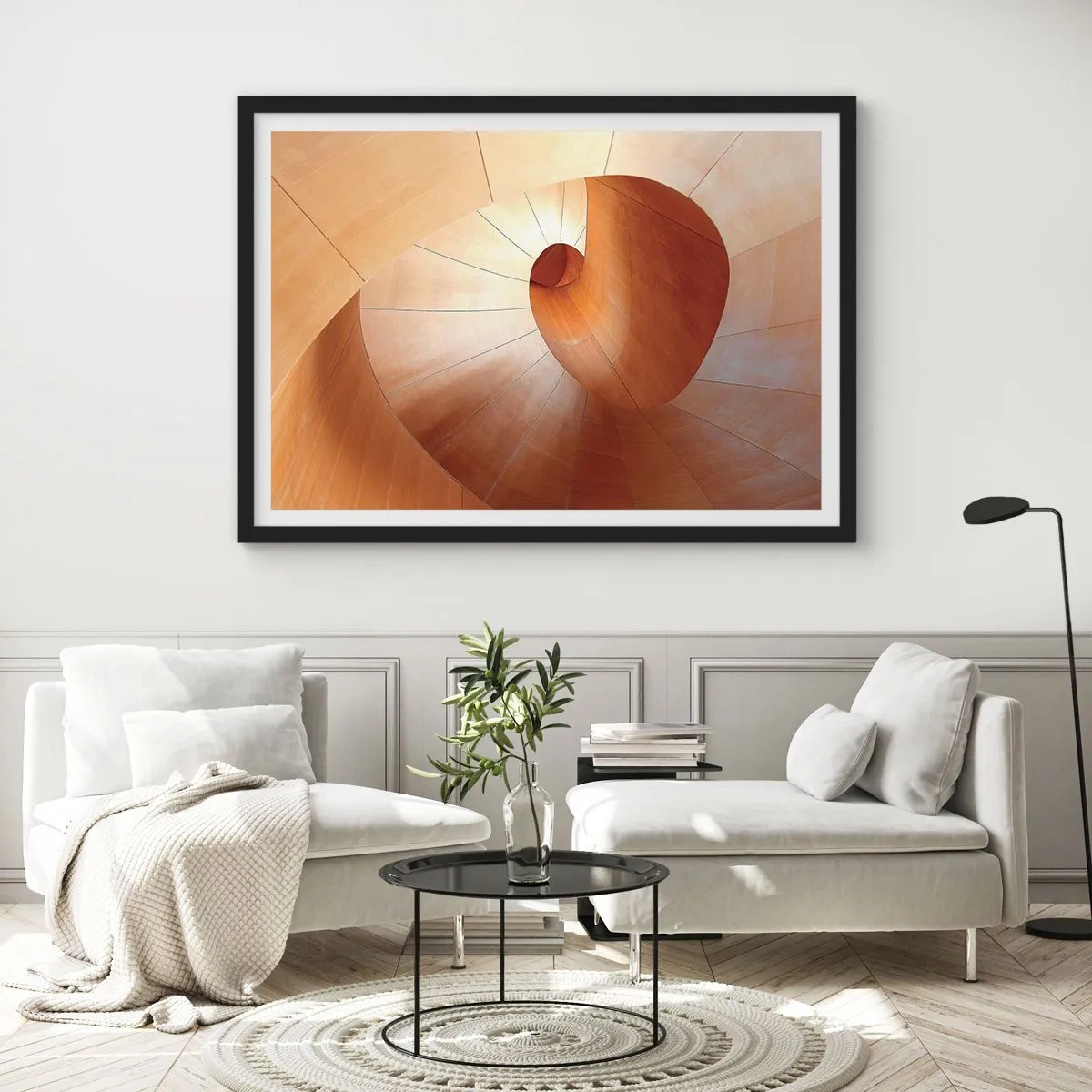 Póster en marco negro - Espiral abstracta en tonos madera y marrón claro. - 70x50cm - Serpentina arquitectónica - Decoración de pared moderna para salón y dormitorio ARTTOR