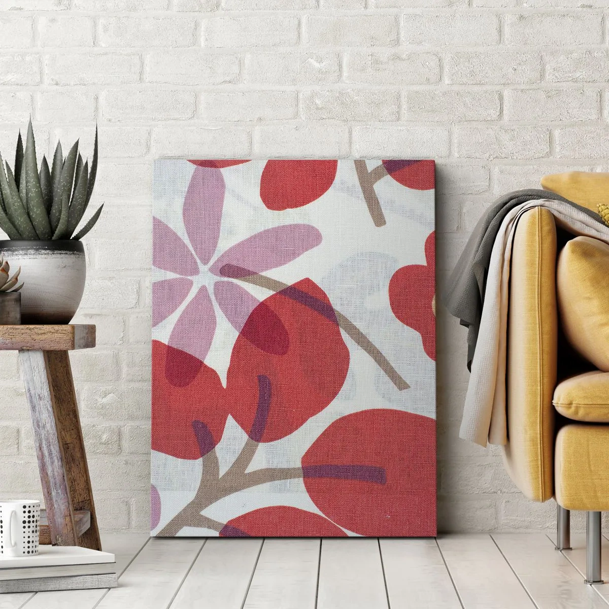 Cuadro sobre lienzo - Impresión de Imagen - Flores y hojas en tonos rojos y rosas. - 50x70cm - Composición floral en rosa - Decoración de pared moderna para salón y dormitorio ARTTOR