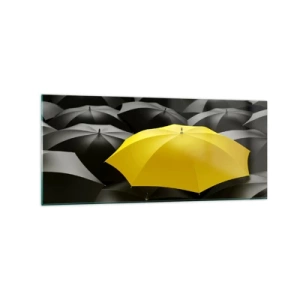 Cuadro sobre vidrio - Impresiones sobre Vidrio - Un paraguas amarillo entre paraguas negros. - 120x50cm - Adiós a la tristeza - Decoración de pared moderna para salón y dormitorio ARTTOR