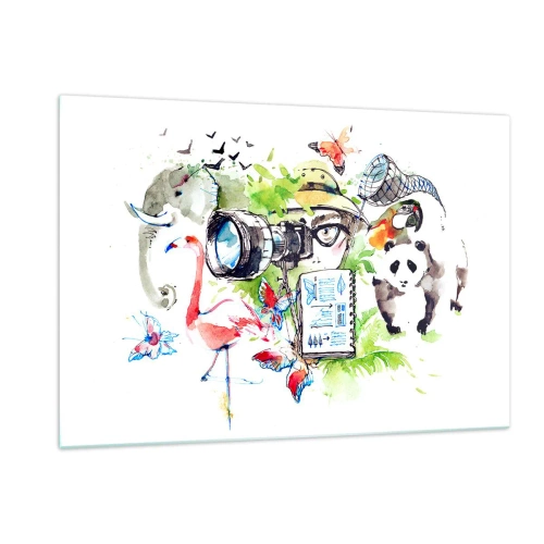 Cuadro sobre vidrio - Impresiones sobre Vidrio - Ilustración de un fotógrafo con una cámara y animales. - 120x80cm - En la objetivo de un viajero - Decoración de pared moderna para salón y dormitorio ARTTOR