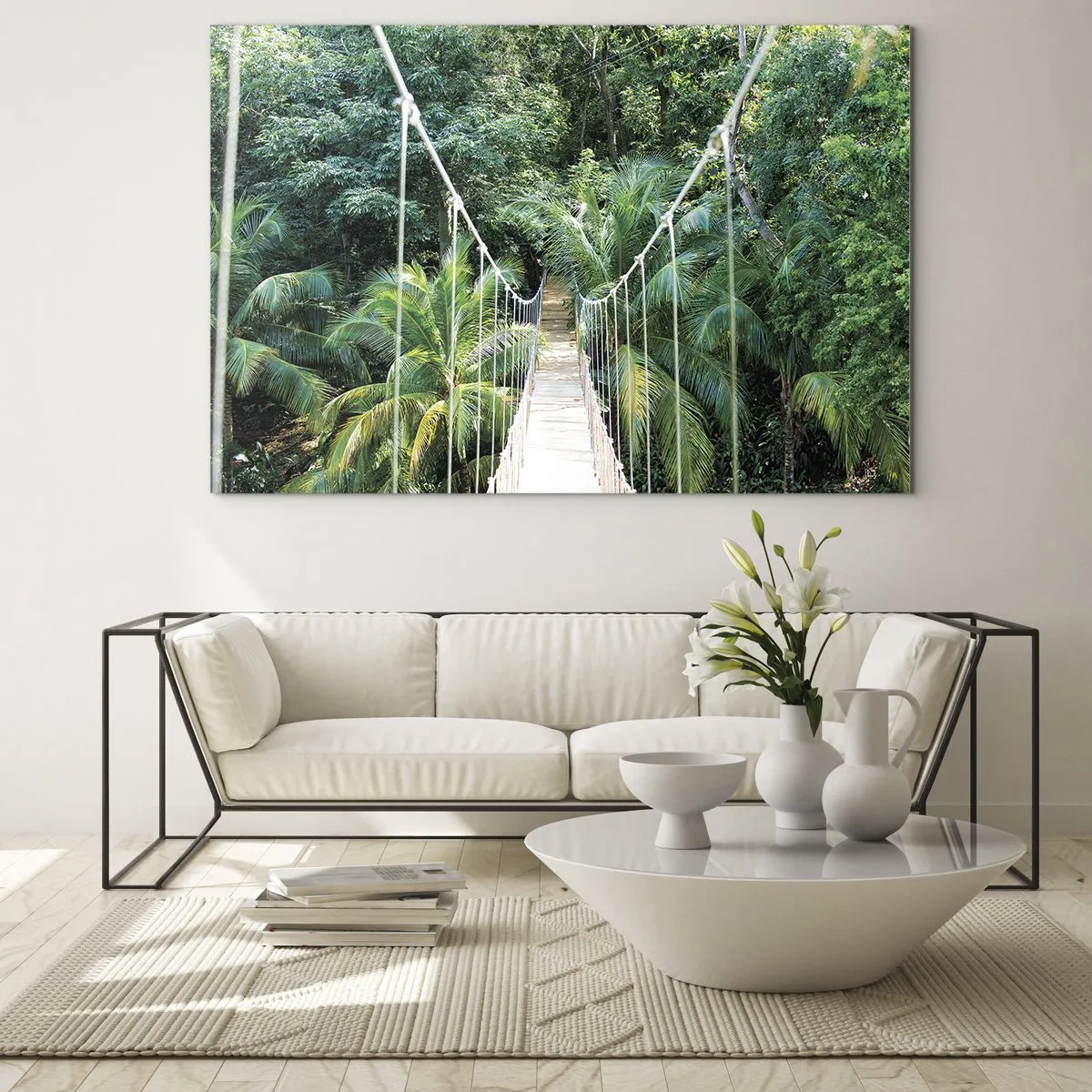 Cuadro sobre vidrio - Impresiones sobre Vidrio - Puente colgante en un bosque tropical - 100x70cm - ¡Bienvenido a la selva! - Decoración de pared moderna para salón y dormitorio ARTTOR