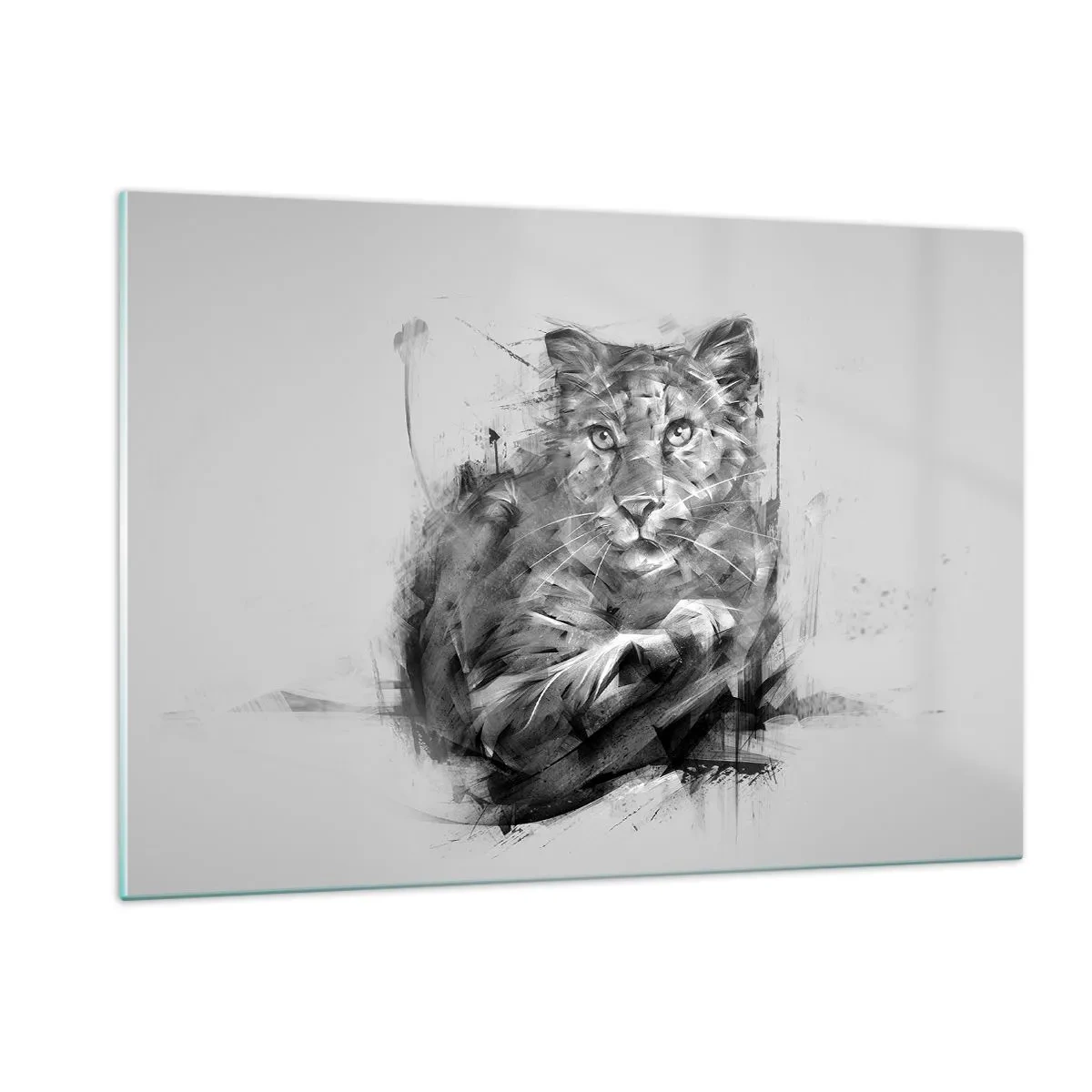 Cuadro sobre vidrio - Impresiones sobre Vidrio - Un dibujo de un tigre en estilo monocromático sobre un fondo claro. - 120x80cm - Sí, estoy escuchando - Decoración de pared moderna para salón y dormitorio ARTTOR