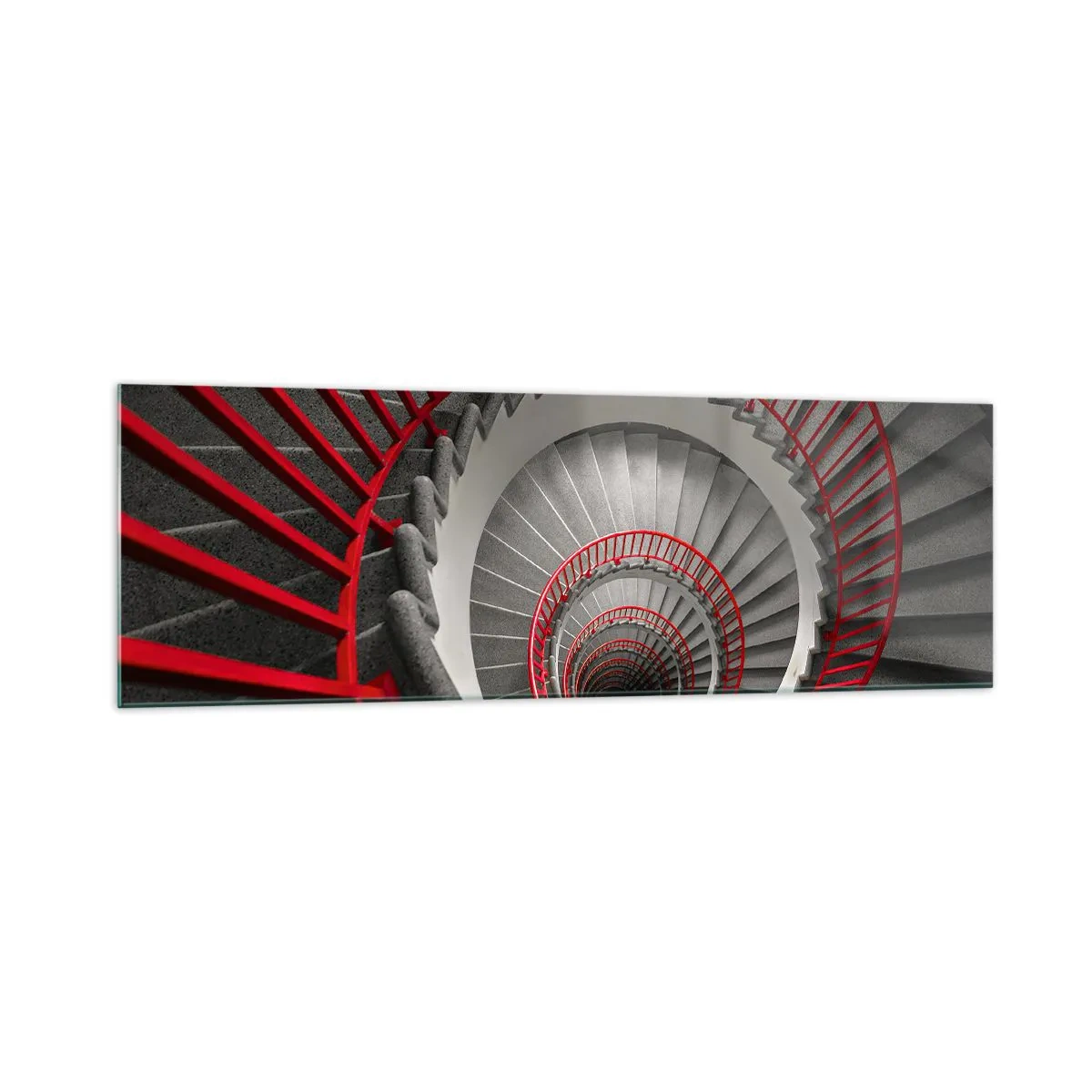Cuadro sobre vidrio - Impresiones sobre Vidrio - Escalera de caracol con pasamanos rojos en perspectiva dinámica. - 160x50cm - Juegos arquitectónicos - Decoración de pared moderna para salón y dormitorio ARTTOR