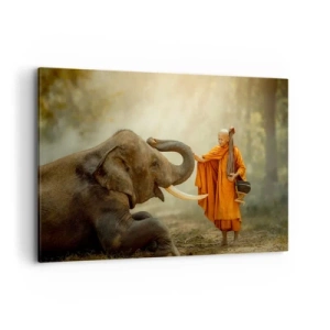 Cuadro sobre lienzo - Impresión de Imagen - Un monje y un elefante en armonía con la naturaleza como telón de fondo. - 120x80cm - Un encuentro en un viaje - Decoración de pared moderna para salón y dormitorio ARTTOR