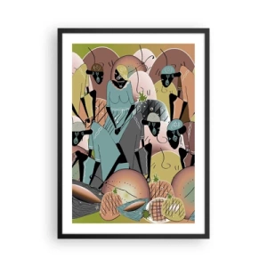 Póster en marco negro - Una composición estilizada de figuras africanas con frutas de colores pastel. - 50x70cm - Se avecina una gran celebración - Decoración de pared moderna para salón y dormitorio ARTTOR