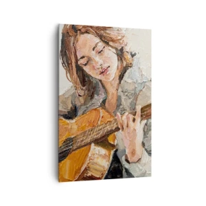 Cuadro sobre lienzo - Impresión de Imagen - Retrato de una niña tocando la guitarra en estilo pictórico con colores cálidos. - 80x120cm - Concierto de guitarra y corazón joven - Decoración de pared moderna para salón y dormitorio ARTTOR
