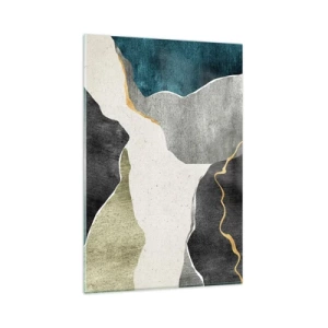 Cuadro sobre vidrio - Impresiones sobre Vidrio - Formas geométricas en tonos grises, verdes y dorados. - 80x120cm - Composición en mosaico con una hebra de oro - Decoración de pared moderna para salón y dormitorio ARTTOR