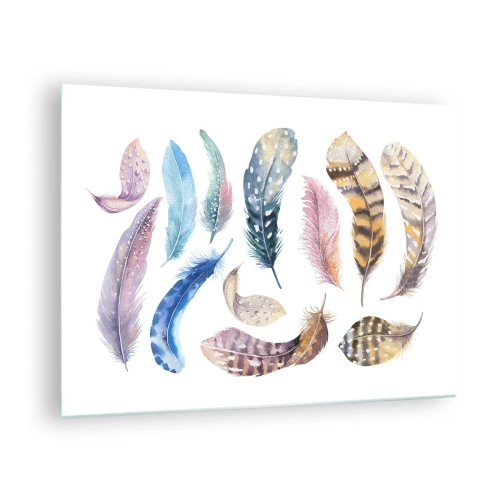 Cuadro sobre vidrio - Impresiones sobre Vidrio - Plumas de colores en un estilo artístico sobre un fondo blanco. - 70x50cm - Ligero, colorido y multicolor - Decoración de pared moderna para salón y dormitorio ARTTOR
