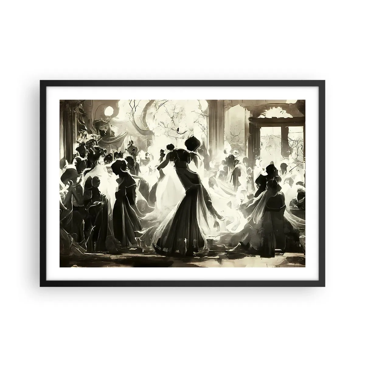 Póster en marco negro - Balón de estilo retro en blanco y negro. - 70x50cm - Gran mascarada - Decoración de pared moderna para salón y dormitorio ARTTOR