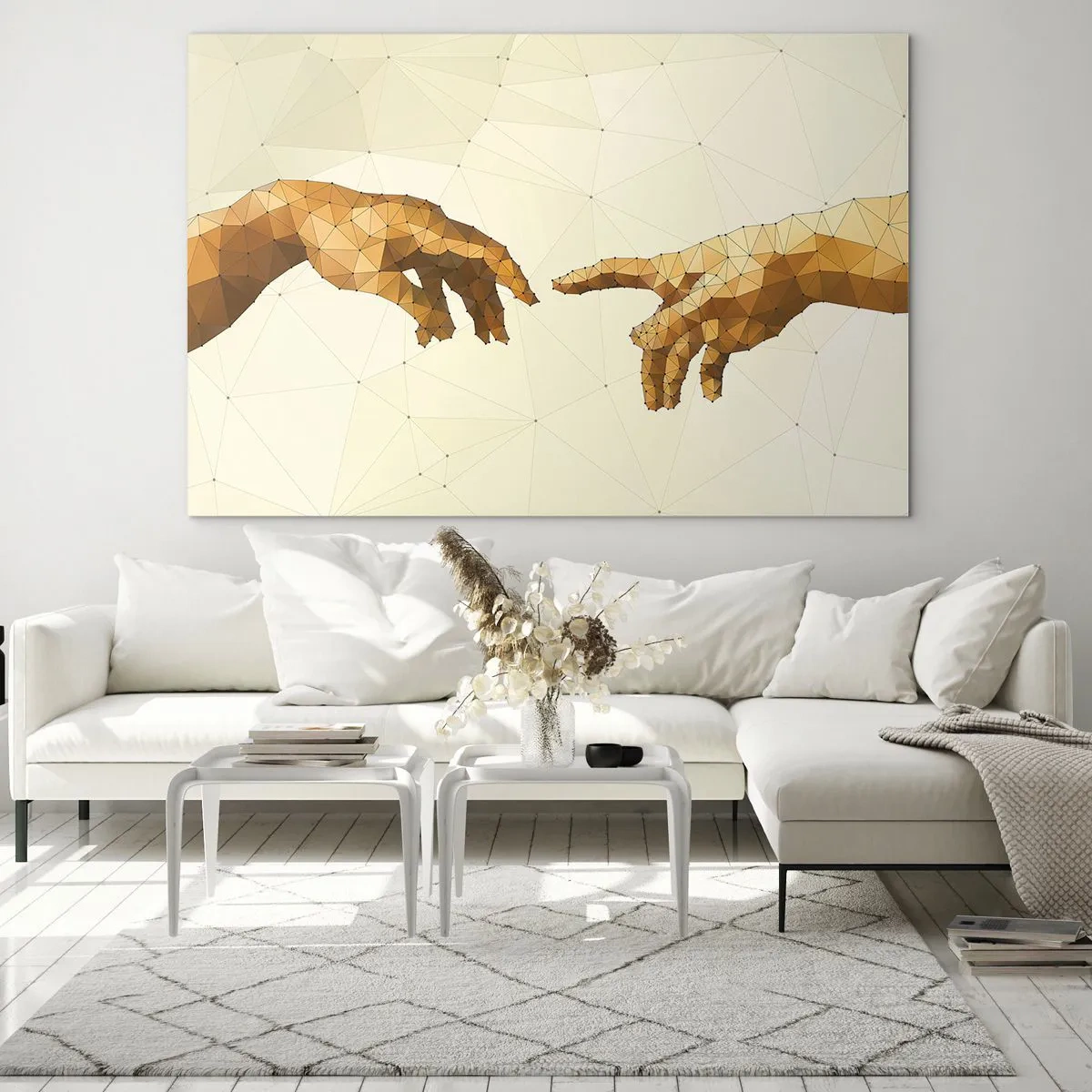 Cuadro sobre vidrio - Impresiones sobre Vidrio - Una versión estilizada de la pintura 'La creación de Adán' en técnica poligonal. - 100x70cm - Geometría divina - Decoración de pared moderna para salón y dormitorio ARTTOR