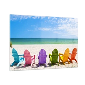 Cuadro sobre vidrio - Impresiones sobre Vidrio - Sillas de colores en una playa de arena con vistas al mar. - 100x70cm - Playa arco iris - Decoración de pared moderna para salón y dormitorio ARTTOR