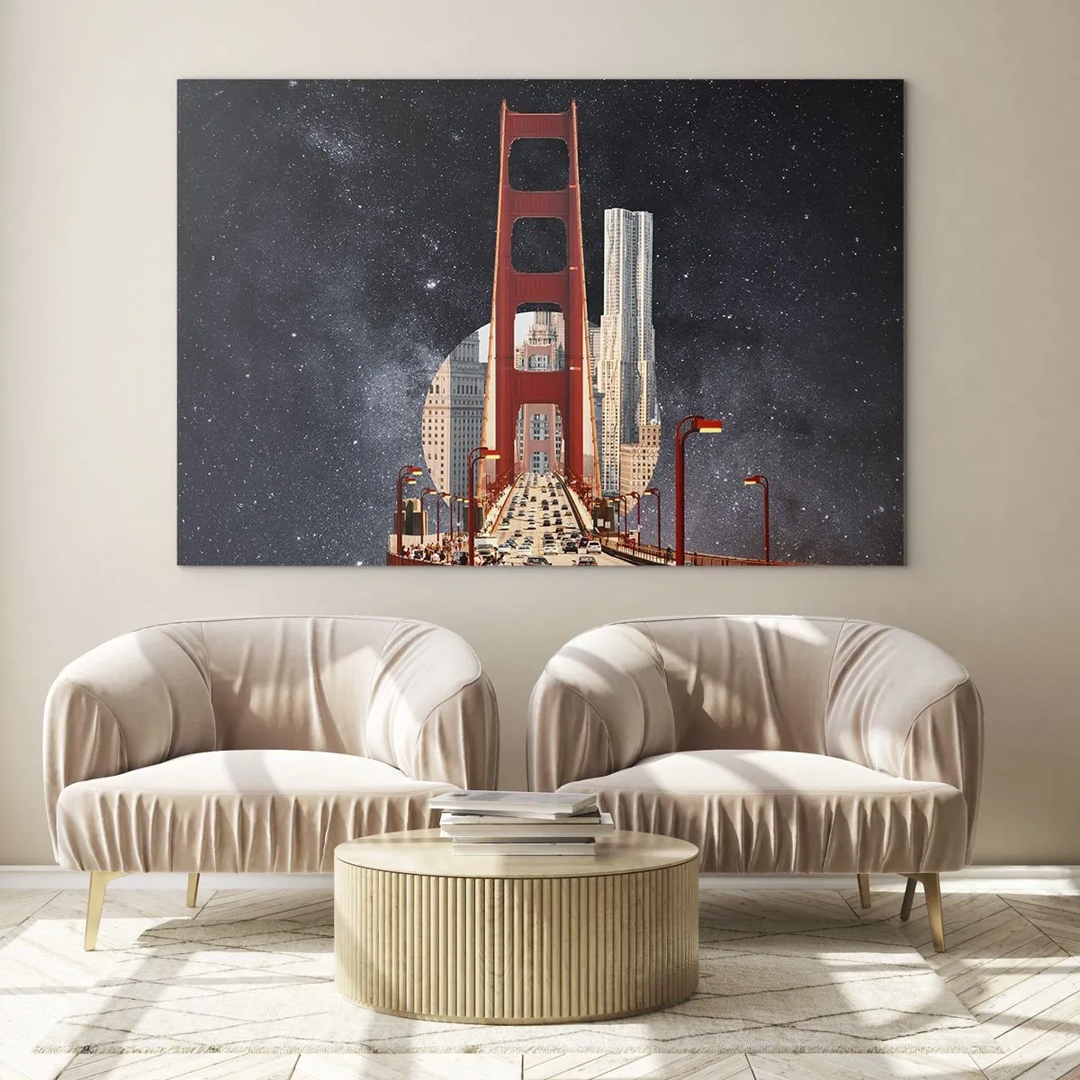 Cuadro sobre vidrio - Impresiones sobre Vidrio - Puente y rascacielos sobre un fondo de galaxia surrealista - 70x50cm - Siempre en el centro - Decoración de pared moderna para salón y dormitorio ARTTOR