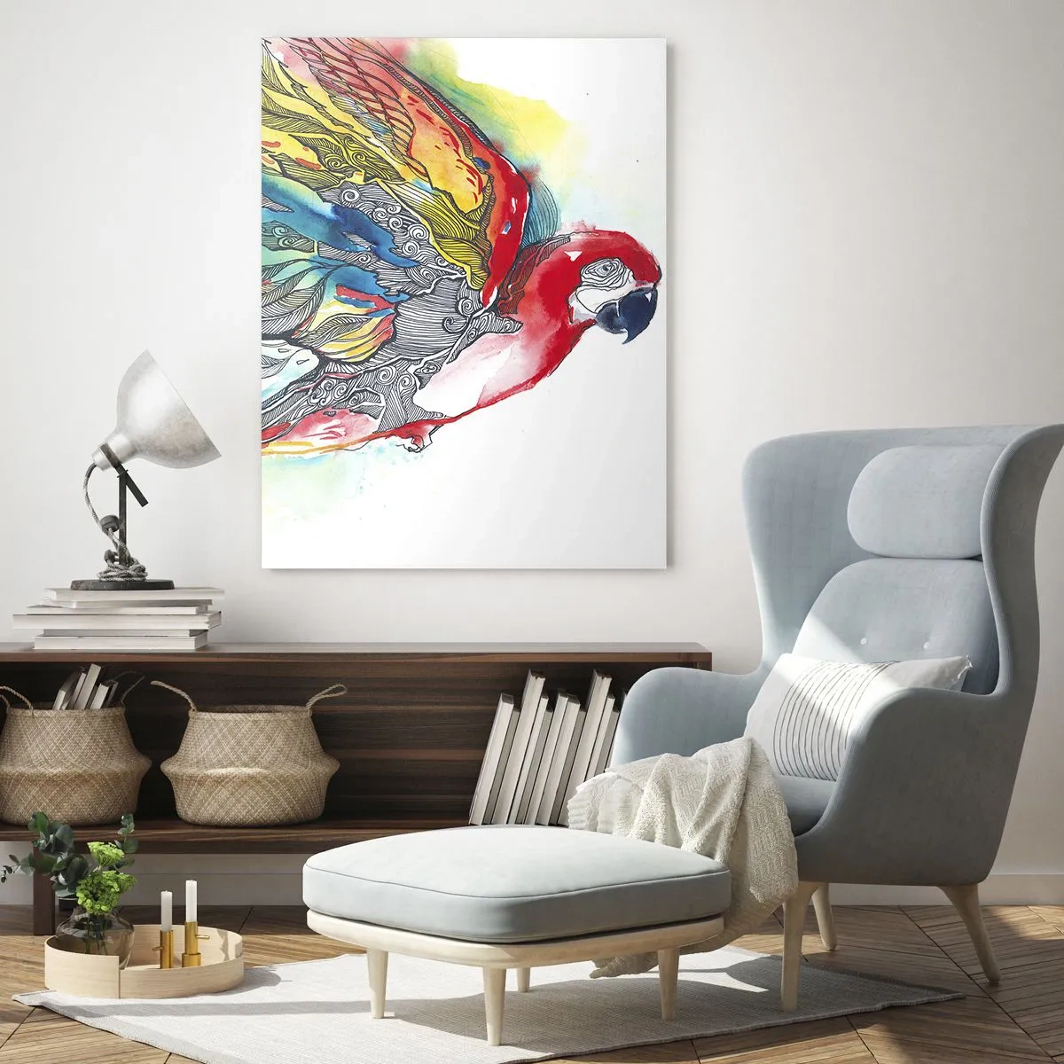 Cuadro sobre vidrio - Impresiones sobre Vidrio - Un loro colorido en vuelo con patrones abstractos en sus alas. - 80x120cm - Vivir con colorido - Decoración de pared moderna para salón y dormitorio ARTTOR