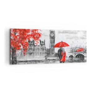 Cuadro sobre lienzo - Impresión de Imagen - Escena romántica con el Big Ben y un paraguas rojo. - 120x50cm - Londres enamora - Decoración de pared moderna para salón y dormitorio ARTTOR