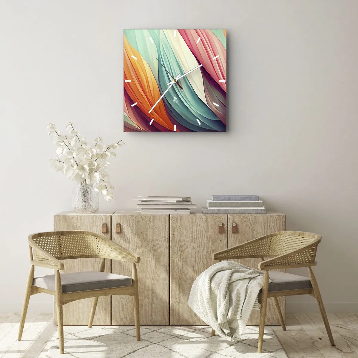 Reloj de pared - Reloj de vidrio - Tejido arco iris - 40x40 cm