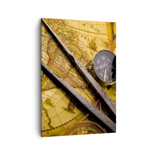 Cuadro sobre lienzo - Impresión de Imagen - Un mapa del mundo antiguo con una brújula y un par de brújulas en el fondo. - 50x70cm - ¿Dónde están los tesoros? - Decoración de pared moderna para salón y dormitorio ARTTOR