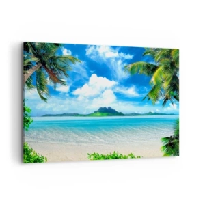 Cuadro sobre lienzo - Impresión de Imagen - Playa tropical con palmeras y vista a la isla. - 100x70cm - El azul de los trópicos - Decoración de pared moderna para salón y dormitorio ARTTOR