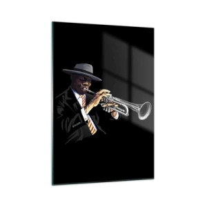 Cuadro sobre vidrio - Impresiones sobre Vidrio - Un músico negro con una trompeta y un sombrero sobre un fondo negro. - 50x70cm - El encanto de la vieja escuela - Decoración de pared moderna para salón y dormitorio ARTTOR