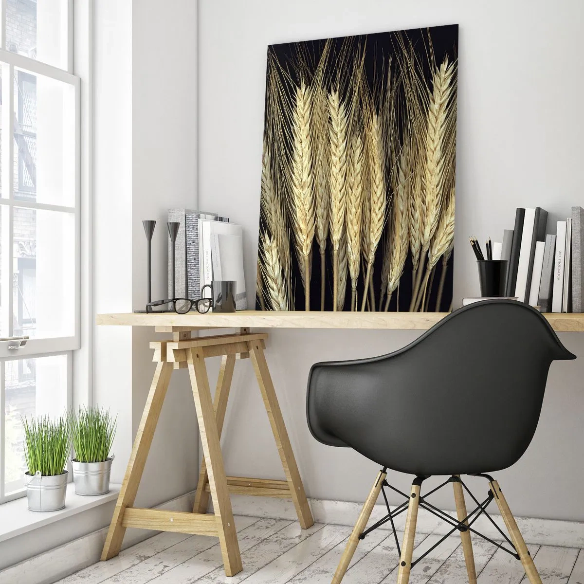 Cuadro sobre vidrio - Impresiones sobre Vidrio - Espigas de trigo sobre fondo negro en estilo rústico - 80x120cm - Magia rústica - Decoración de pared moderna para salón y dormitorio ARTTOR